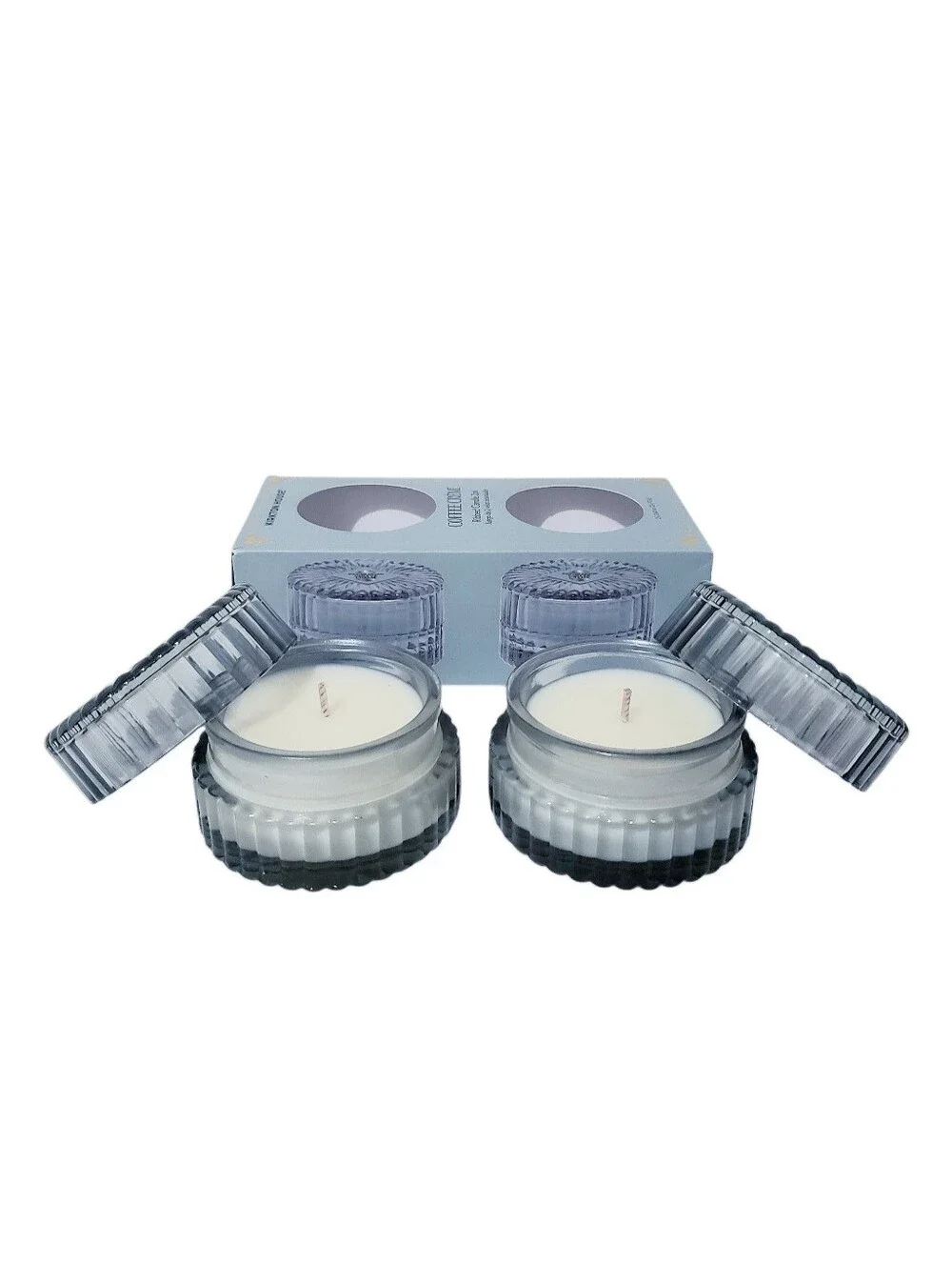 ALDI Kirkton House Ribbed Blue Glass Candle 2 Pack Coffee Creme Scent 2.47oz New